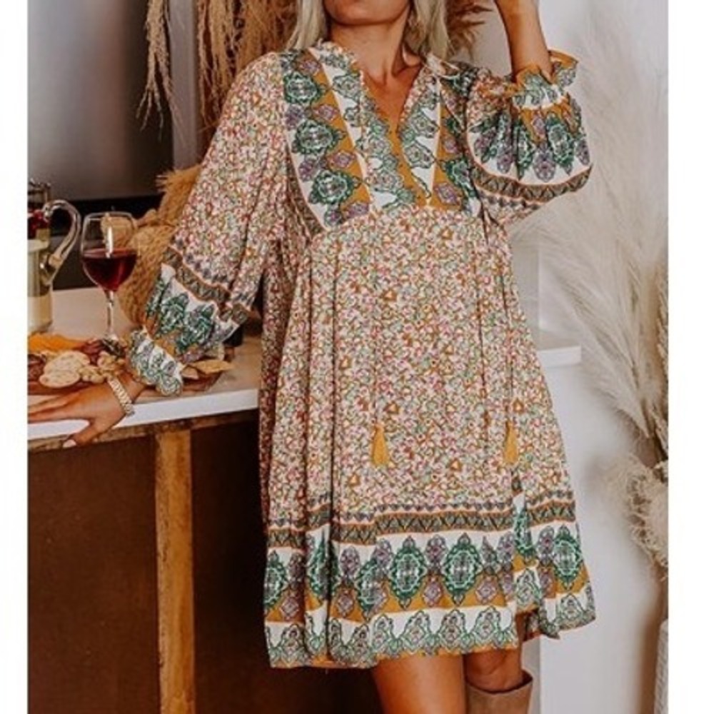 Orange Green Oversized Boho Indie Tie Neck Flowy Cottagecore Mini Dress Small